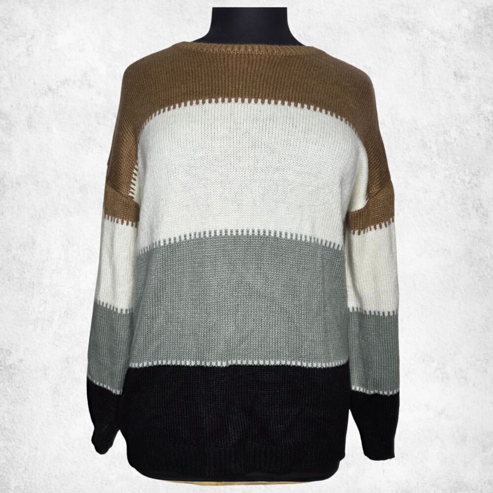 Angashion Colorblock Sweater XL – Neutral Brown Gray Black Knit Pullover